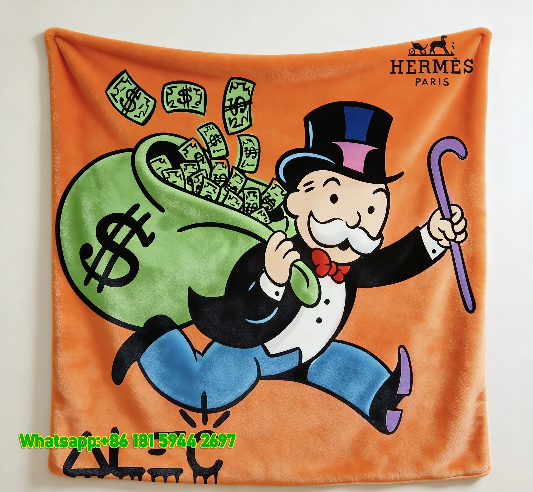 Monopoly Man Running Money Bag Hermès Flannel Sofa Throw Blanket IMG_5359